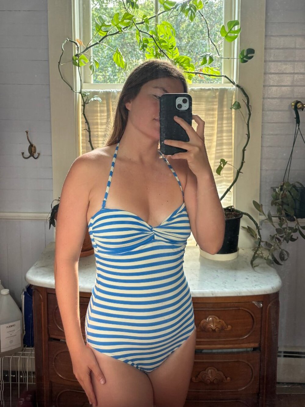 Women’s J. Crew Blue White Nautical Striped Halter Top One Piece Bathing Swim Su